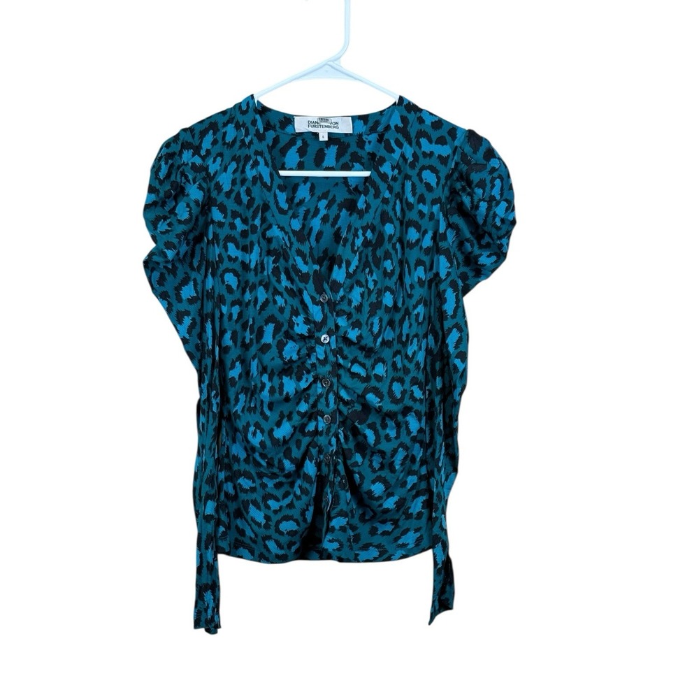 Diane Von Furstenbery Gladys Animal Print Mesh Blouse Size 6 Green Puff Sleeve - Picture 1 of 5